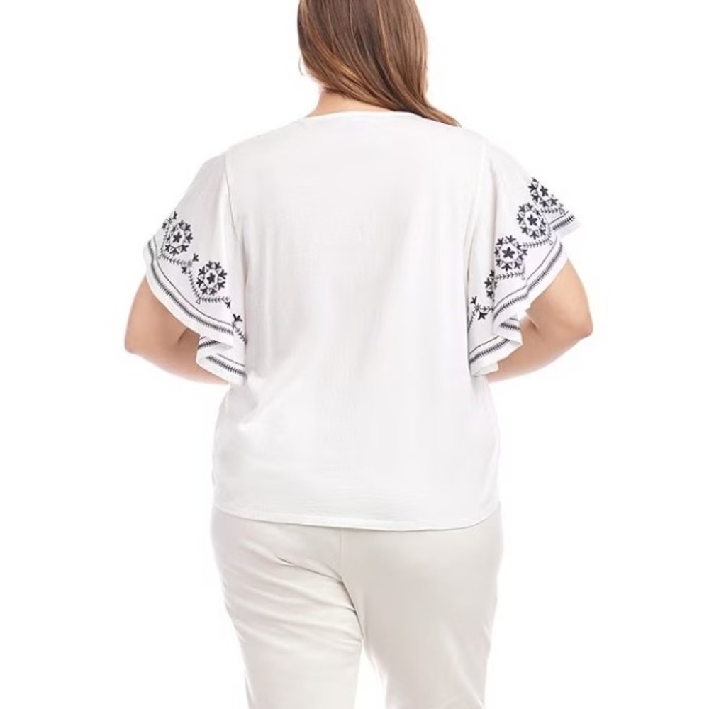 Karen Kane In The Spirit Womens 2X White Embroidered Flutter Sleeve V Neck‎ Top - Picture 3 of 11